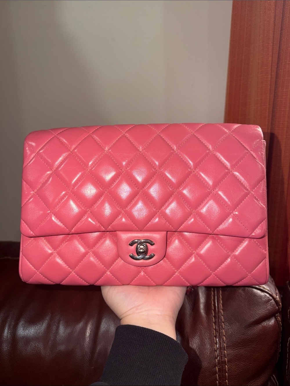 Authentic Chanel Pink Lambskin Leather Quilted Classic Flap Clutch Shoulder Bag - Picture 2 of 16